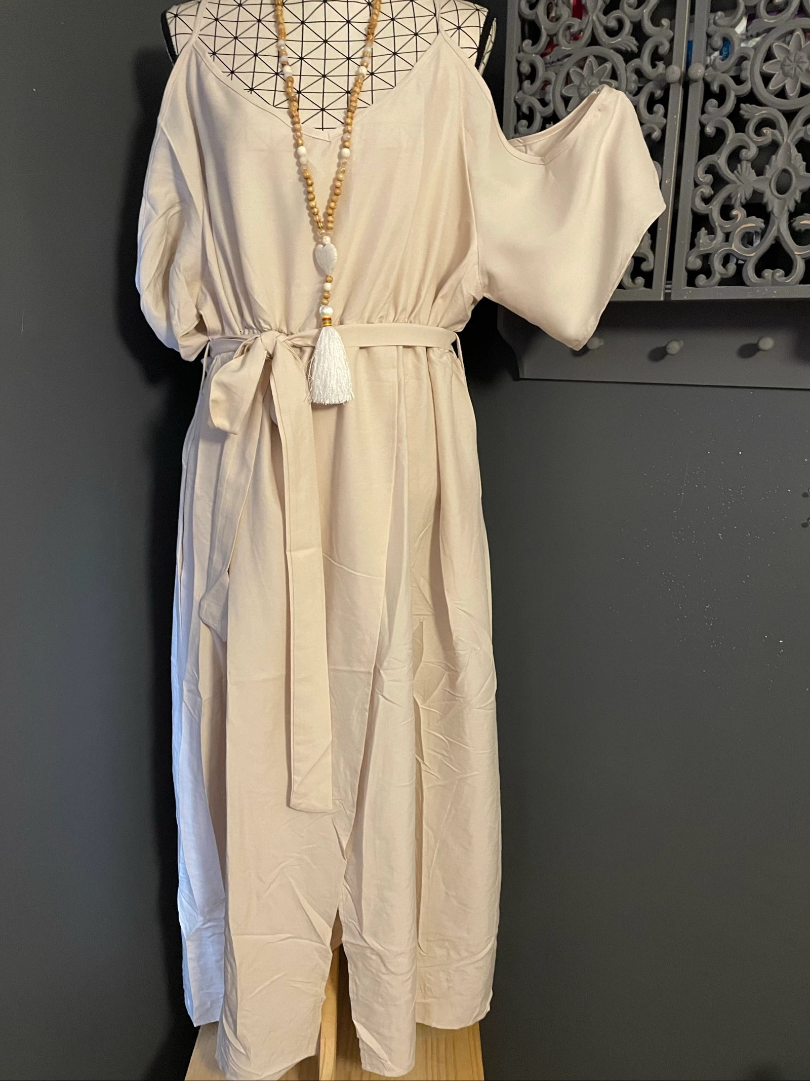 💖 vestido bege creme envelope com cinto tamanho grande 54 fluido elegante com bolsos 💖 – photo 5